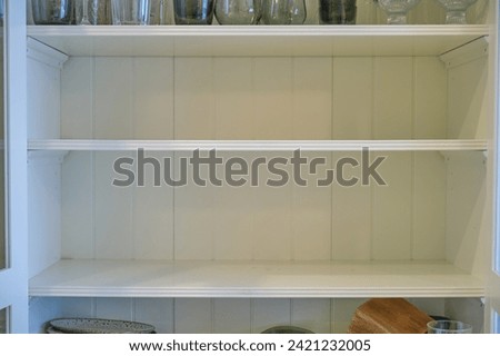 Empty shelves of the kitchen cabinet without dishes and plates