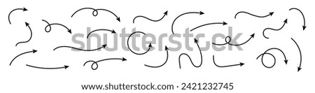 Collection hand drawn arrows. Set simple curved arrows isolated on white background. Collection of pointers. Vector illustration.