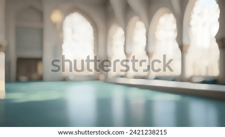 Mosque interiors with defocused pillars, windows, and doors, crafting an abstract backdrop. Royalty-Free Stock Photo #2421238215
