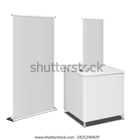 White tradeshow table counter, floor and countertop blank roll-up retractable banner stands. Trade show promotional set. Pop-up rollup display standee kit. Template for design Royalty-Free Stock Photo #2421240429