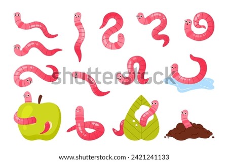 Funny pink worms set. Cute happy earthworms characters eat apple or green leaf, mascots with different expressions and joy crawl in garden soil, compost worms walk cartoon vector illustration