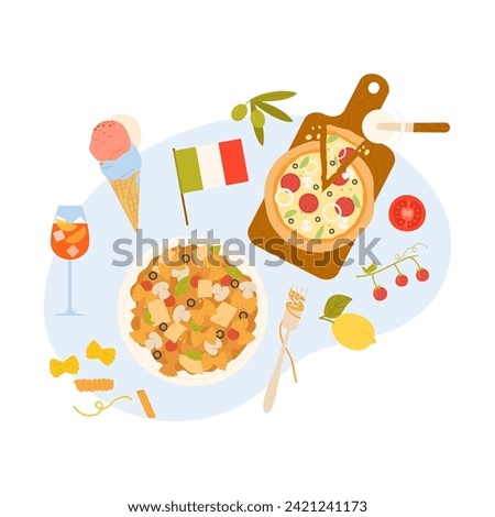 Italian food and drinks symbols. Italian pizza, traditional spaghetti cartoon vector illustration