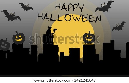 Vector illustration of Halloween day in the city at night, with moonlit silhouettes of pumpkins, cats, bats. Suitable for greeting cards, banners, posters, etc. Royalty-Free Stock Photo #2421245849