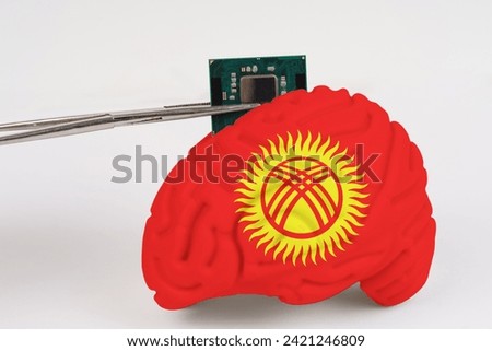 On a white background, a model of the brain with a picture of a flag - Kyrgyzstan, a microcircuit, a processor, is implanted into it. Close-up