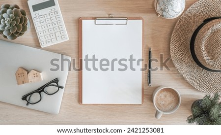 Clipboard mockup, clip board note pad mock up with copy space blank A4 size white page paper background on work desk office workspace, template for for letterhead business to-do list or school memo  Royalty-Free Stock Photo #2421253081