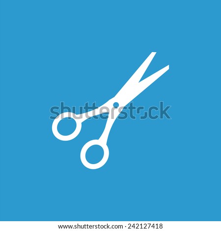 scissors icon, isolated, white on the blue background. Exclusive Symbols 