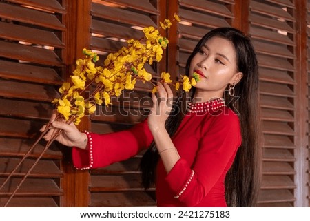 Vietnamese girl with Ao Dai dress standing in traditional house of Vietnam. Text in photo mean best wishes to family, happiness, prosperity, health. Tet holiday and New Year. Travel concept
