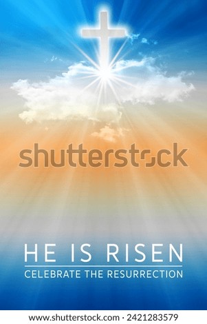 Easter background with the text 'He is Risen', a shining star and blue-orange sky with white clouds.