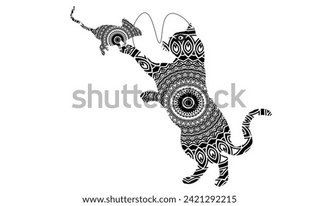A cat carrying a mouse vector illustration cartoon isolated on white background. Cute and and rat vector cartoon coloring page.
