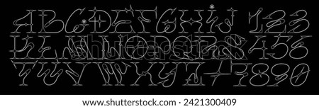 Y2k girly gothic alphabet with star shapes. Acid font . Trendy number and letter design. Sparkle figures. Neotribal emo style lettering. Fine line and sharp edges, inspired by metal music Royalty-Free Stock Photo #2421300409