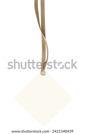 Bright Ivory White Rectangular Cardboard Sale Tag, Beige String, Price Label Badge Background Rectangle, Blank Empty Copy Space, Vertical Hanging Isolated Macro Closeup, Large Detailed Studio Shot