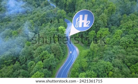 Hydrogen H2O Car driving to a refuel station area with H2 icon in a foggy forest. 3D Graphic