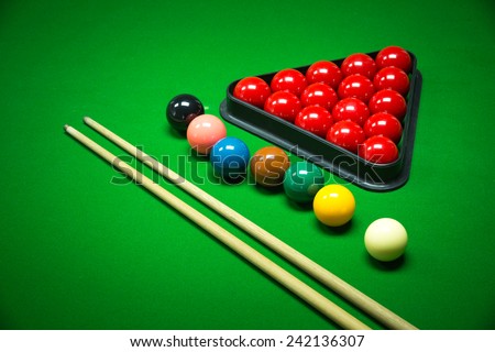 snooker balls set on a green table Royalty-Free Stock Photo #242136307