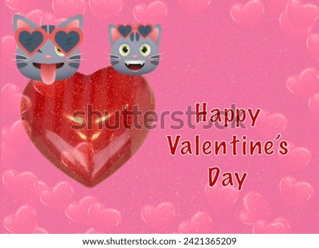 Beautiful Happy Valentine’s Day card with  cute couples of cats, hearts 