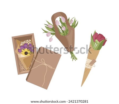 Fresh flower bouquets with tulip, peony, sunflower in craft paper wrapping and box isolated on white