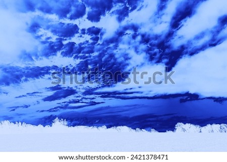 Dramatic heaven with clouds and field with trees, blue landscape, magical atmosphere, cold weather, natural background for text, invert photography