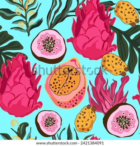 pitaya with cut tropical fruits and leaves jungle theme seamless vector repeat pattern. Tropical fruits seamless vector repeat pattern. Suitable for tiles, fabric, textile, decoration, wrapping.