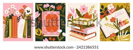 Set of Books with flowers. Posters with literature decorated with blooming wildflowers. Bouquets on poetry book. Love of reading. Cartoon flat vector illustrations isolated on white background