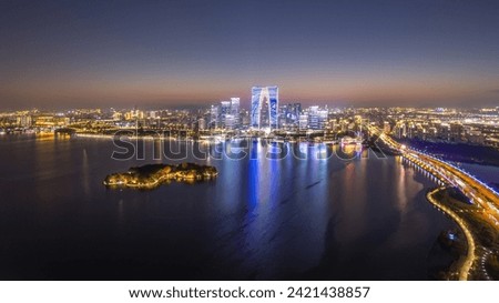 Aerial photography of the night view of the city by Jinji Lake i