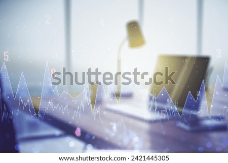 Abstract creative stats data concept on modern laptop background. Multiexposure
