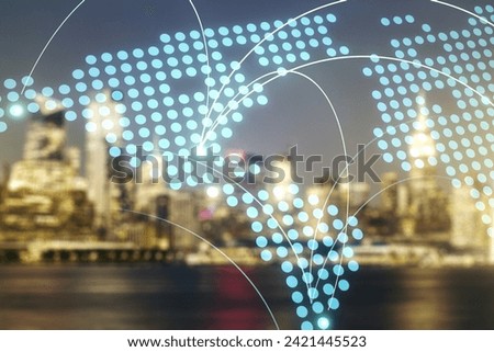 Abstract virtual world map with connections on blurry skyline background, international trading concept. Multiexposure
