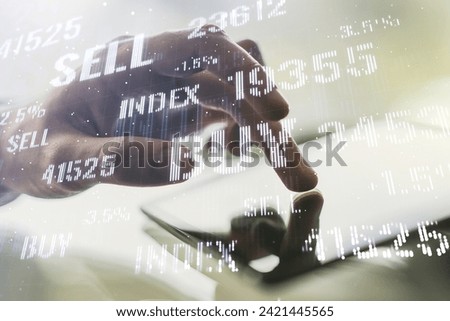 Multi exposure of abstract creative financial chart with finger presses on a digital tablet on background, research and analytics concept