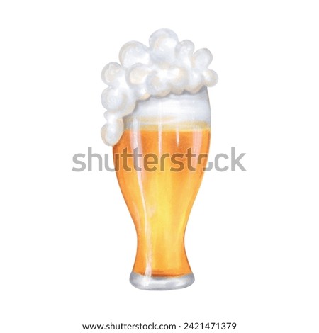 Glass of beer with bubble foam.Watercolor and marker illustration.Clip art concept of drinking alcohol during holidays, Oktoberfest or St. Patrick's Day.Hand drawn isolated art.Beer mug sketch.