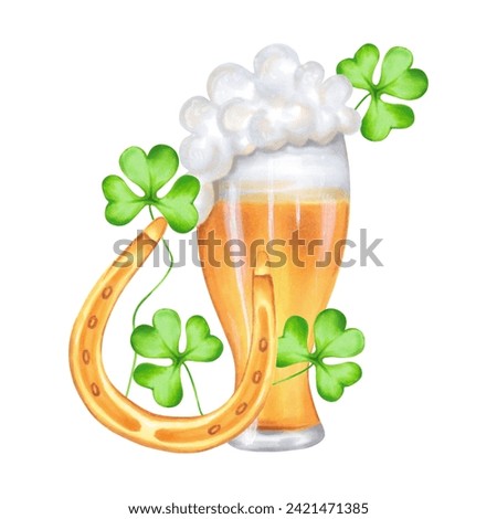Glass of beer with golden horseshoe and shamrock clover.Watercolor and marker illustration.Clip art composition of drinking alcohol during the holidays, St. Patrick's Day.Hand drawn isolated art.