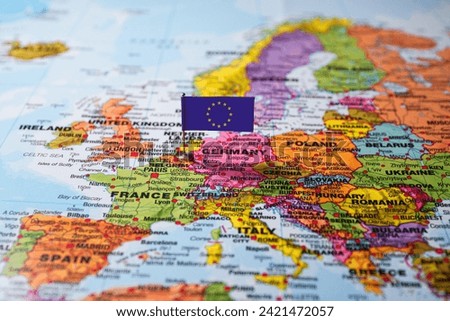 European union flag on European continent on geopolitical world map. High quality photo Royalty-Free Stock Photo #2421472057