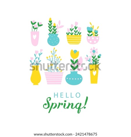 Hello Spring greeting card with flovers. Vector illustrations
