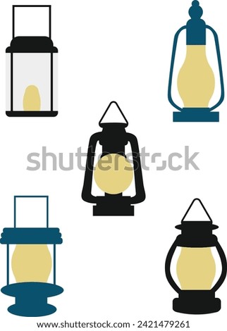 Camping Lantern Lamp Icon Set. Flat Design and Shapes. Isolated Vector
