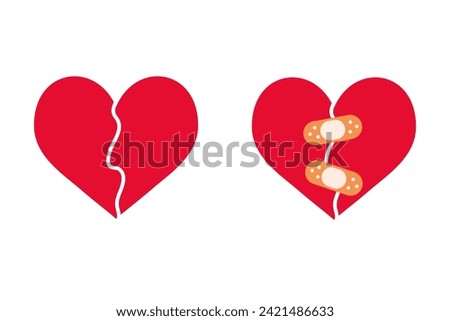Cartoon heart set, broken heart and crack fixed with bandage. Breakup and heartbreak symbol. Simple flat vector style clip art illustration.