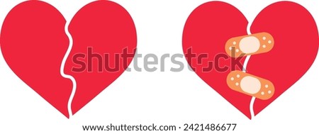 Cartoon heart set, broken heart and crack fixed with bandage. Breakup and heartbreak symbol. Simple flat vector style clip art illustration.