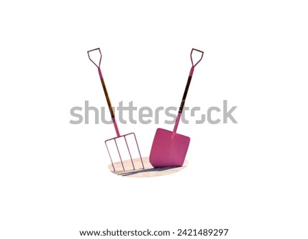 Old pink shovel and rake on floor isolated on white background , clipping path