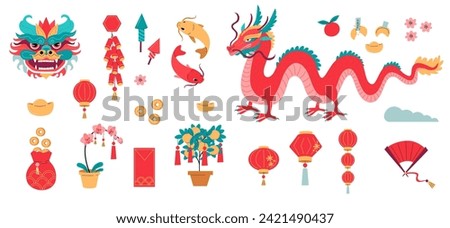 Dragon Lunar New Year illustration set. Chinese New Year elements. Chinese zodiac Dragon. Asian Culture bundle. Symbol of Good Fortune. Vibrant Celebrations New Year Clip Art.