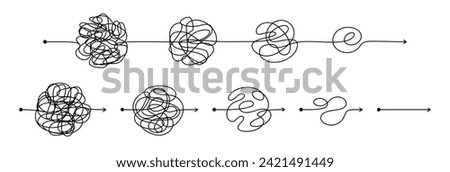 Simplifying process. Confused complicated way from difficult to simple step by step process, chaos and problem concept. Complex messy connected lines. Vector set. Chaotic path with knots Royalty-Free Stock Photo #2421491449