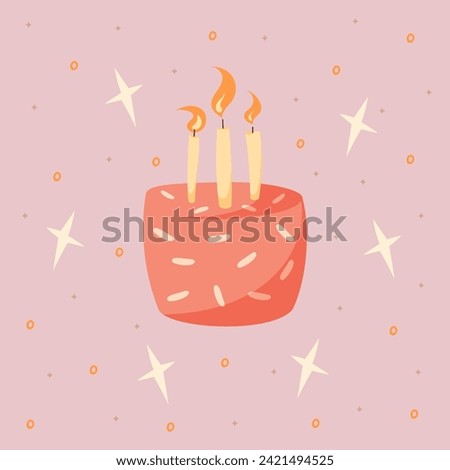 Hand draw postcard with doodle cakes, candles and stars. Pink and yellow colors. Card for birthday, party, celebration and holidays. Vector illustration in cartoon style.Pink background.