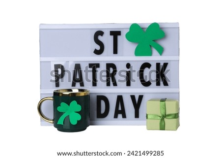 PNG, Light box with text, clover, cup and paper box, isolated on white background