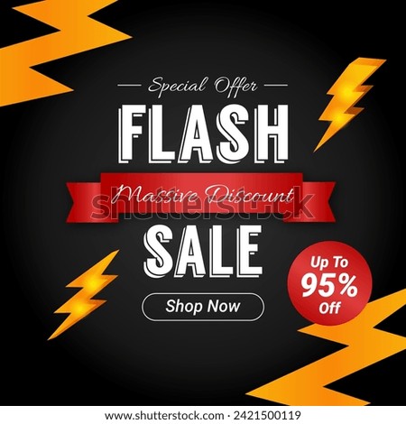 Flash Sale in Gold lightning background with up to 95% off. Massive Discount. Shop Now. Flash Sales banner with Gold lightning Icon. Special offer. Royalty-Free Stock Photo #2421500119