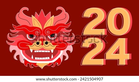 Dragon Lunar New Year 2024 illustration set on dark red background. Chinese New Year elements. Chinese zodiac Dragon. Symbol of Good Fortune. Vibrant Celebrations New Year Clip Art.