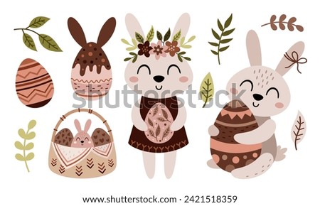 Boho Easter bunny clipart. Happy Easter clip art in cartoon flat style, perfect for scrapbooking, stickers, tags, greeting cards, party invitations, decor. Vector illustration.