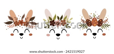 Boho Easter bunny face clipart. Happy Easter clip art in cartoon flat style, perfect for scrapbooking, stickers, tags, greeting cards, party invitations, decor. Vector illustration.