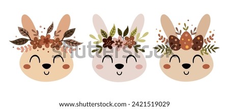 Boho Easter bunny face clipart. Happy Easter clip art in cartoon flat style, perfect for scrapbooking, stickers, tags, greeting cards, party invitations, decor. Vector illustration.