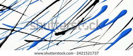 Thin blue and black lines and splashes drawn on white background. Abstract art backdrop with brush decorative stroke. Acrylic painting with graphic stripe.