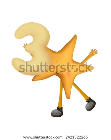 Bright numbers. Cute star with number 3. Illustration for kids on white background