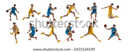 Banner. Collage. Professional sportsmen, basketball players wearing blue and yellow uniform training against white background. Concept of sport, action, motion, movement, energy, active lifestyle. Ad Royalty-Free Stock Photo #2421524249