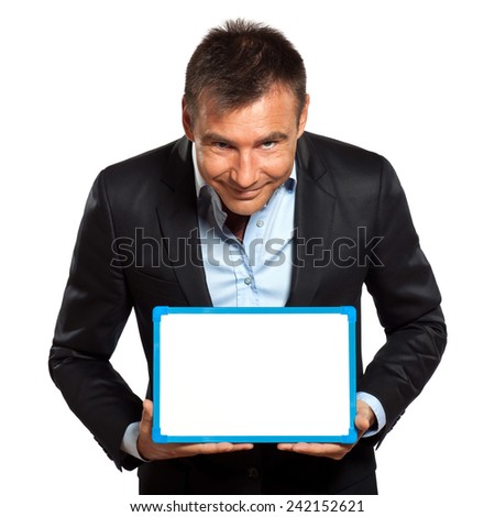 one  business man holding showing whiteboard in studio isolated on white background