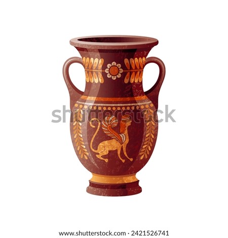 Greek vase. Ancient amphora with sphinx. Greek or roman vector pottery. Antique 3d clay vase for wine. Museum ceramic vessel. Old art from Athens, Rome, Greece. Ancient myth earthenware illustration Royalty-Free Stock Photo #2421526741
