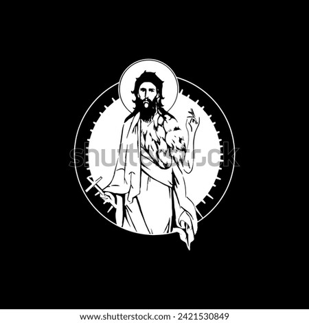 Traditional orthodox image of John the Baptist . Christian antique illustration black and white in Byzantine style Royalty-Free Stock Photo #2421530849