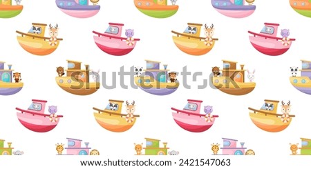 Cute little animals on boat seamless childish pattern. Funny cartoon animal character for fabric, wrapping, textile, wallpaper, apparel. Vector illustration.